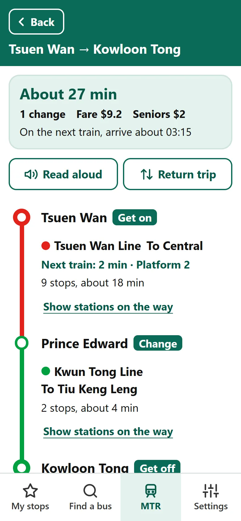 YauBus showing an MTR journey: where to get on, the next train in 3 minutes, and where to get off