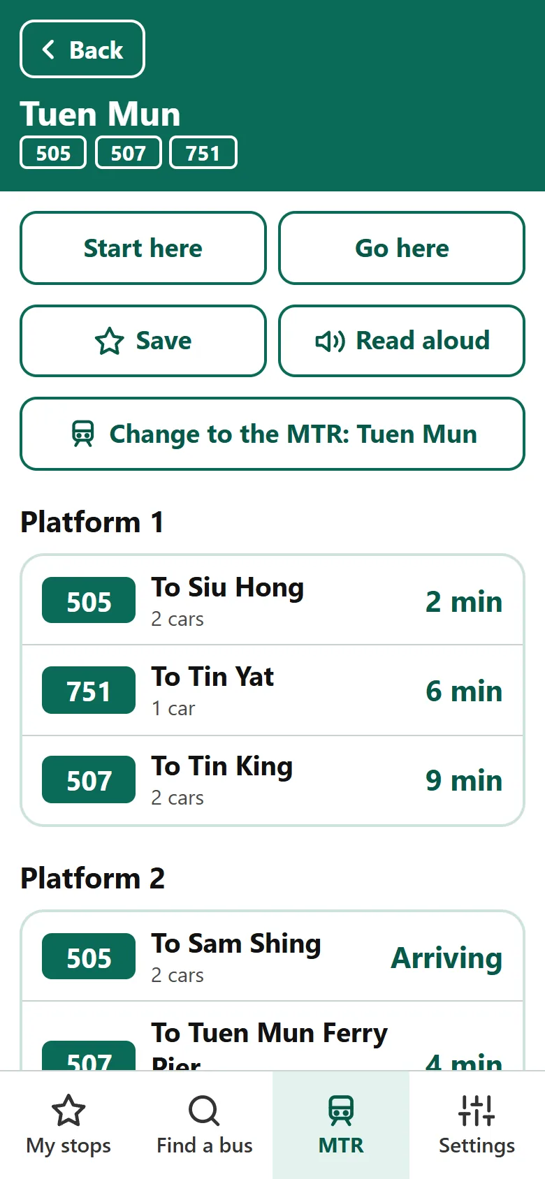 YauBus showing live Light Rail times on each platform